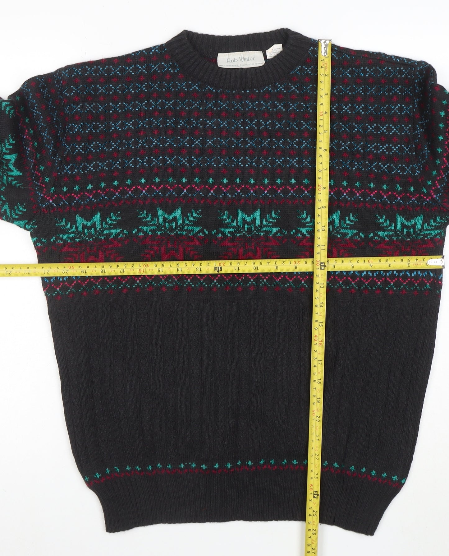 Rob Winter Men's Black Fair Isle Knit Jumper M Acrylic 90s Style