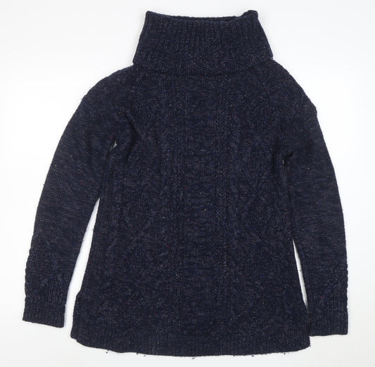 Lands' End Women's Blue Roll Neck Cable Knit Jumper Size S