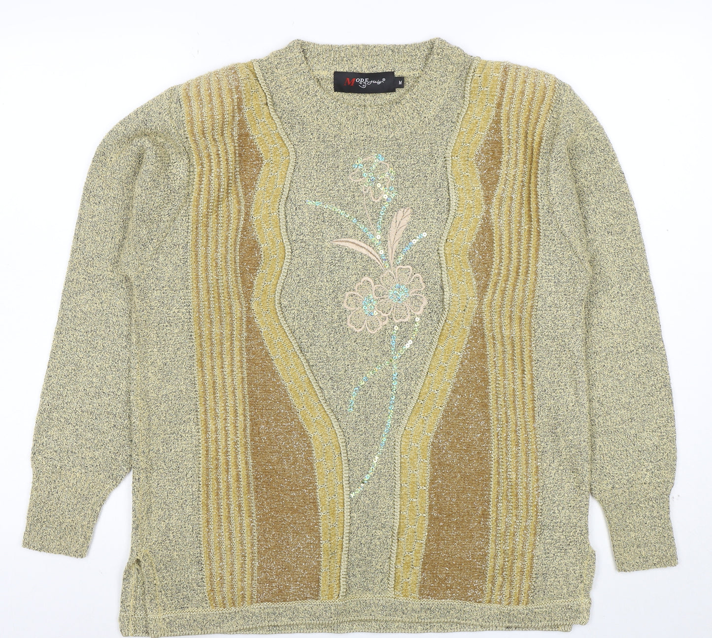 Mode de Paris Women’s Beige Sequin Floral Wool Blend Pullover Jumper M