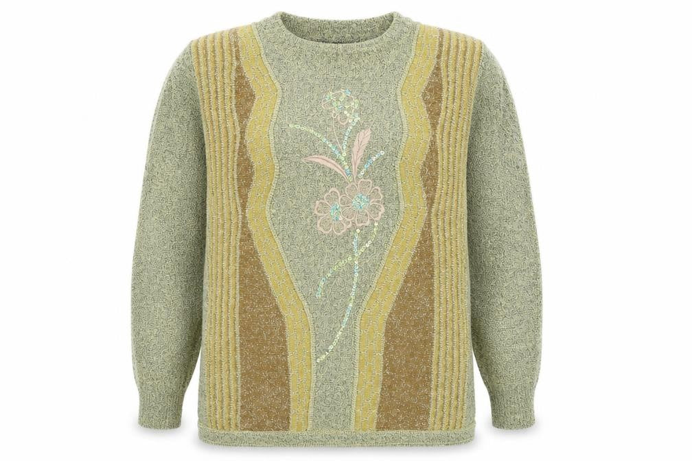 Front view of Mode de Paris Women’s Beige Sequin Floral Wool Blend jumper M