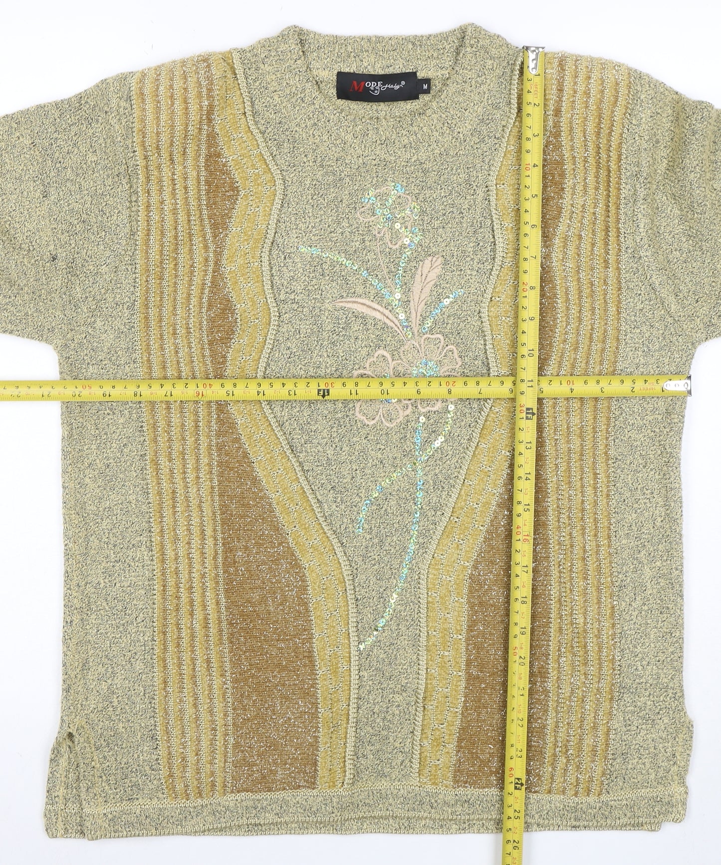 Mode de Paris Women’s Beige Sequin Floral Wool Blend Pullover Jumper M