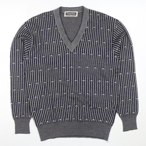 CROSS Men's Blue Geometric V-Neck Cotton Blend Jumper M