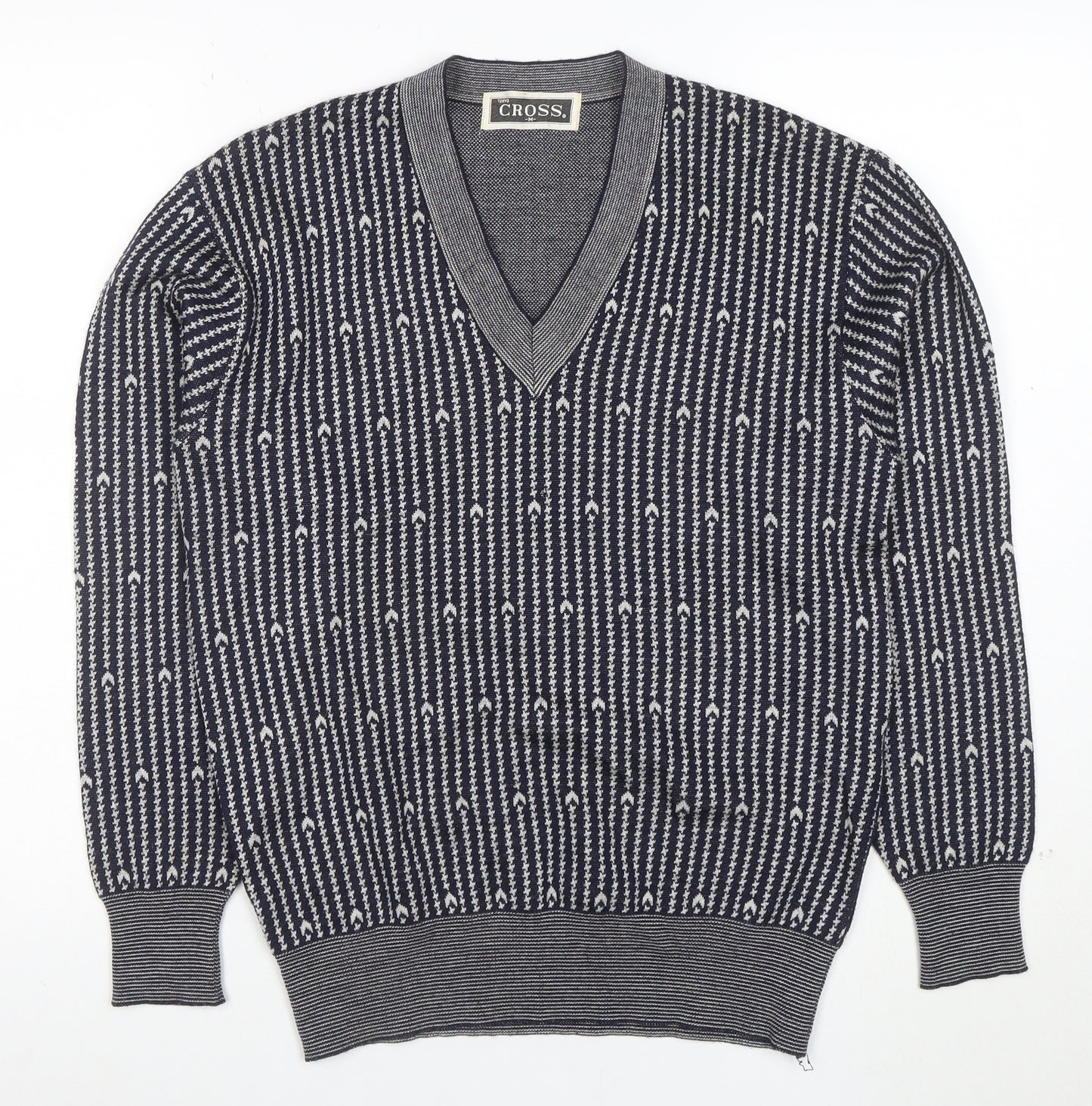 CROSS Men's Blue Geometric V-Neck Cotton Blend Jumper M