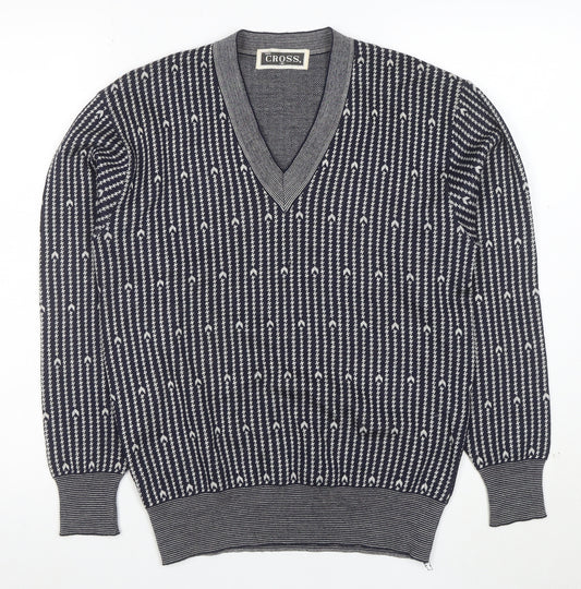 CROSS Men's Blue Geometric V-Neck Cotton Blend Jumper M