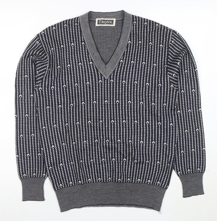 CROSS Men's Blue Geometric V-Neck Cotton Blend Jumper M