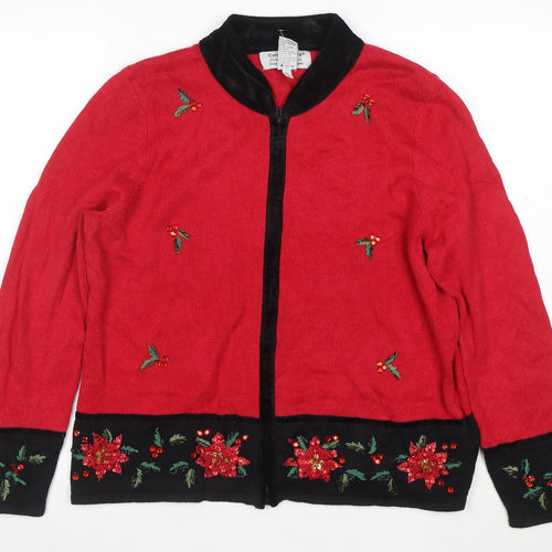 Carly St. Claire Women's Red Christmas Embroidered Cardigan Size L