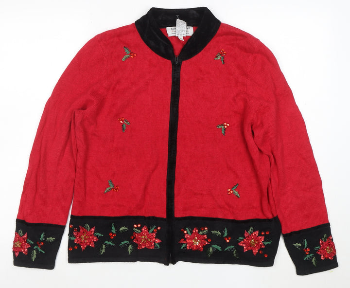 Carly St. Claire Women's Red Christmas Embroidered Cardigan Size L