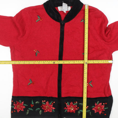Carly St. Claire Women's Red Christmas Embroidered Cardigan Size L