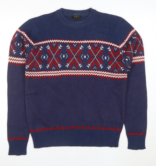 POP England Women's Blue Red Fair Isle Wool Blend Jumper L