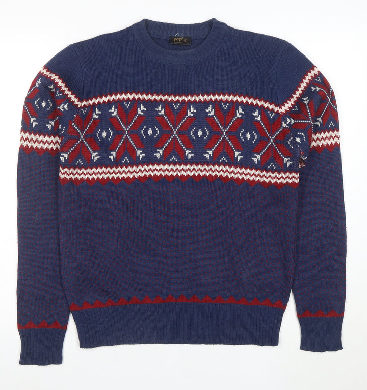 POP England Women's Blue Red Fair Isle Wool Blend Jumper L