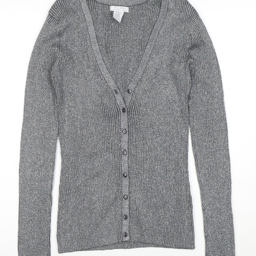 Pure Alfred Sung Women Grey Metallic Cardigan M V-Neck Button Ribbed Knit