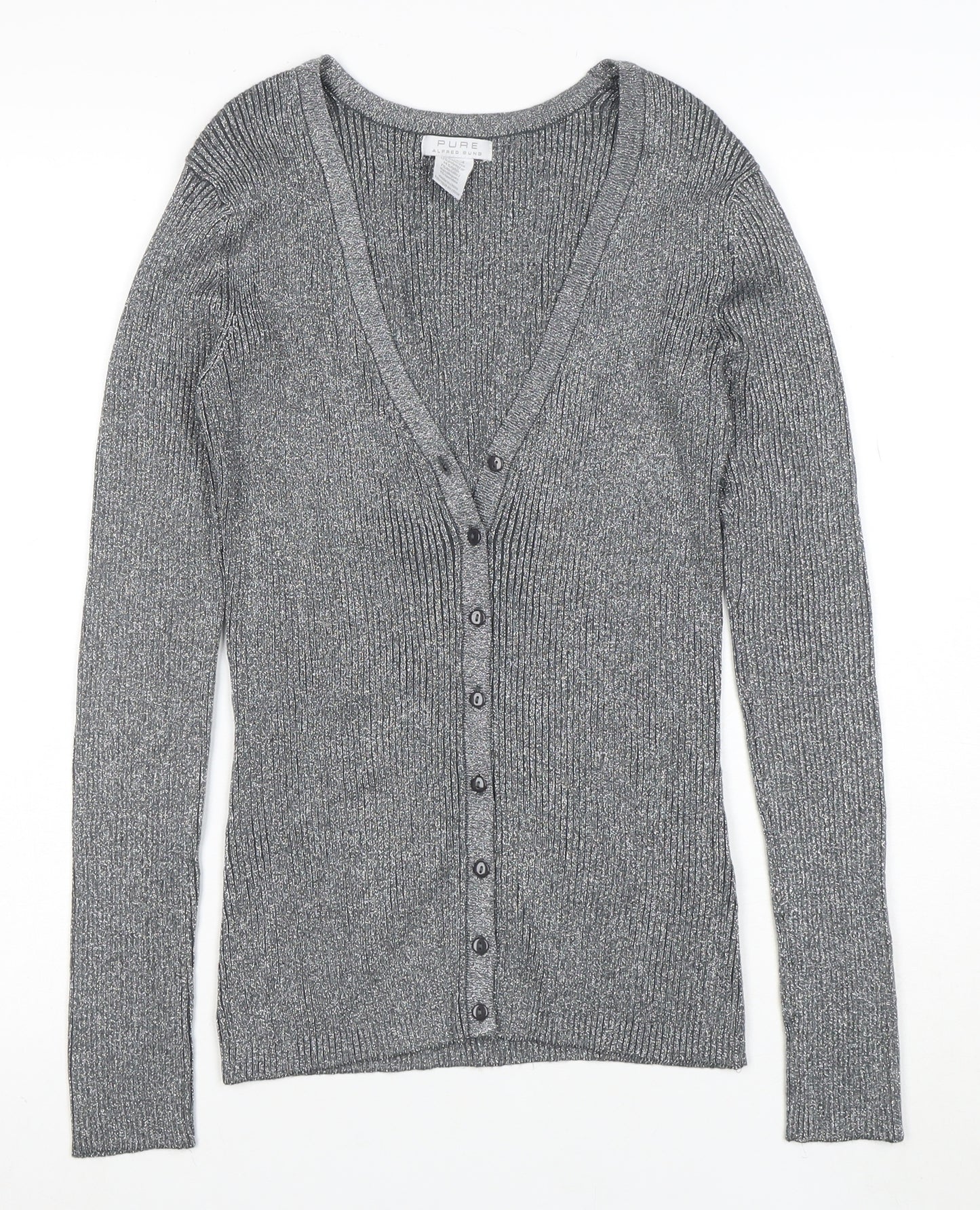 Pure Alfred Sung Women Grey Metallic Cardigan M V-Neck Button Ribbed Knit