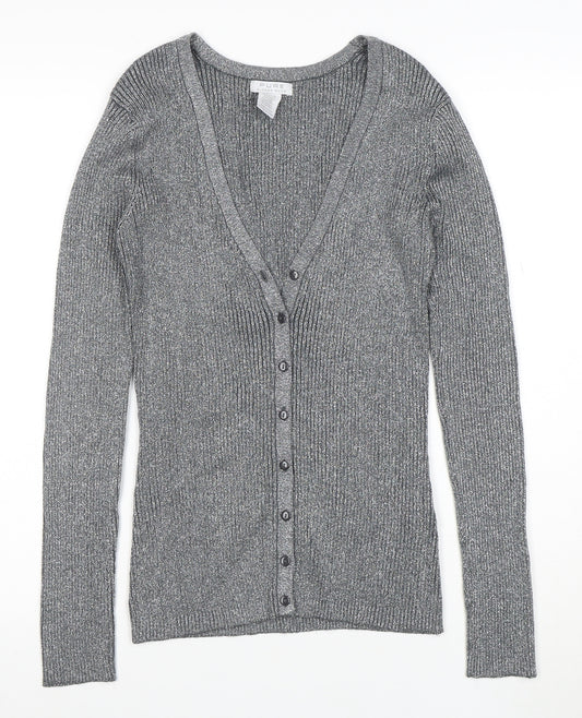 Pure Alfred Sung Women Grey Metallic Cardigan M V-Neck Button Ribbed Knit