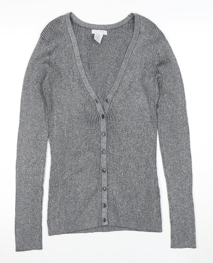 Pure Alfred Sung Women Grey Metallic Cardigan M V-Neck Button Ribbed Knit