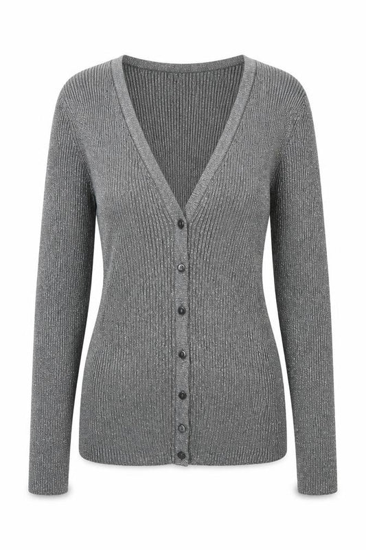 Front view of Pure Alfred Sung Women Grey Metallic Cardigan M V-Neck Button Ribbed Knit