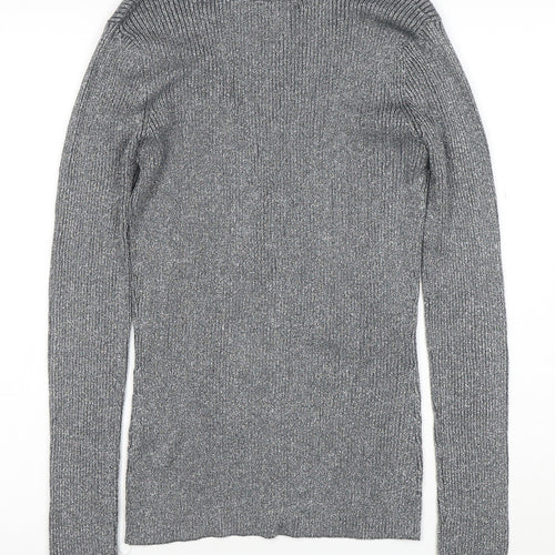 Pure Alfred Sung Women Grey Metallic Cardigan M V-Neck Button Ribbed Knit
