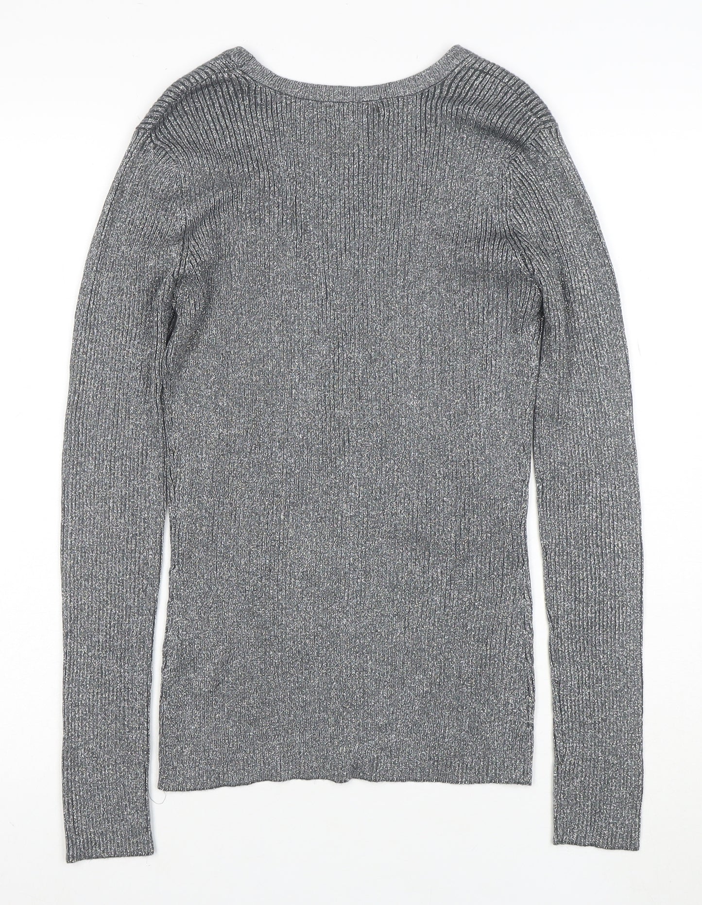 Pure Alfred Sung Women Grey Metallic Cardigan M V-Neck Button Ribbed Knit