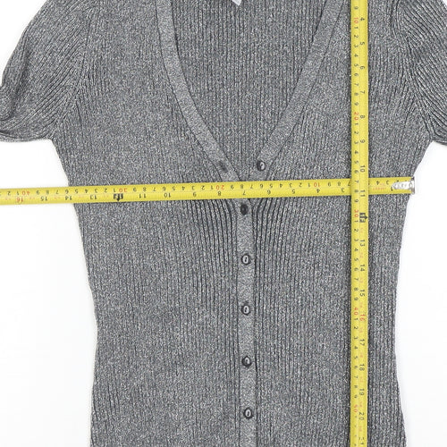 Pure Alfred Sung Women Grey Metallic Cardigan M V-Neck Button Ribbed Knit