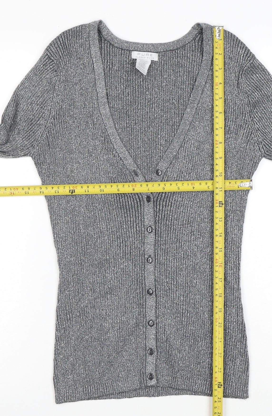 Pure Alfred Sung Women Grey Metallic Cardigan M V-Neck Button Ribbed Knit