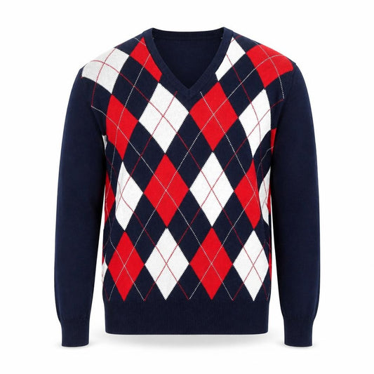 Front view of Nevada Bob's Men's Blue Argyle Golf Acrylic V-Neck Jumper M