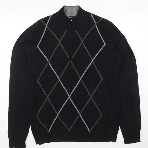 Van Heusen Studio Men's Black Argyle 1/2 Zip Cotton Jumper Size M