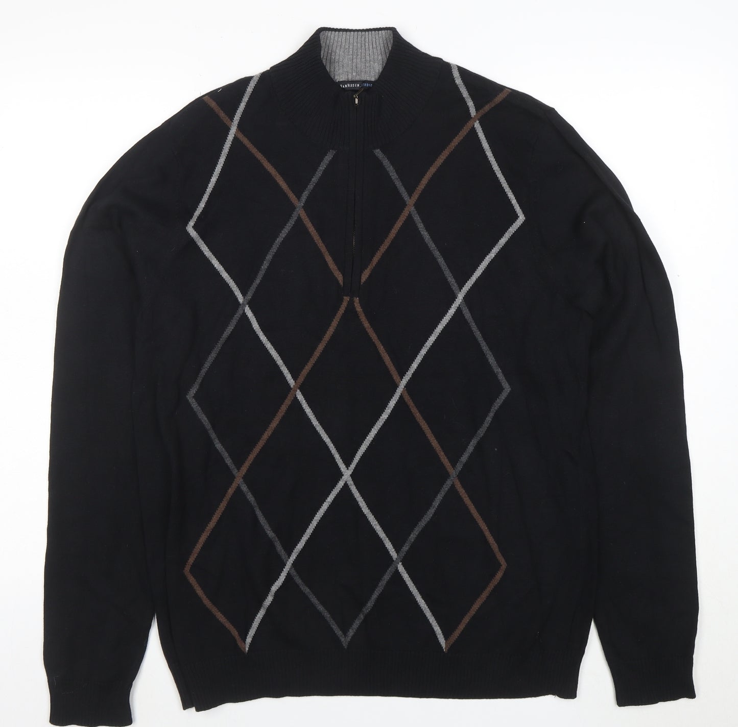 Van Heusen Studio Men's Black Argyle 1/2 Zip Cotton Jumper Size M