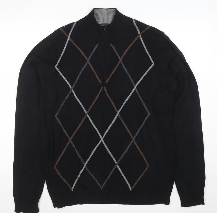 Van Heusen Studio Men's Black Argyle 1/2 Zip Cotton Jumper Size M