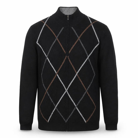 Front view of Van Heusen Studio Men's Black Argyle 1/2 Zip Cotton Jumper, size M