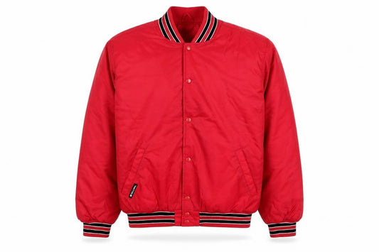 Front view of Holloway men’s red xl varsity jacket nylon retro sports style