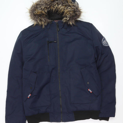 Tokyo Laundry Men's Blue Hooded Bomber Jacket L Fur Trim Winter Coat