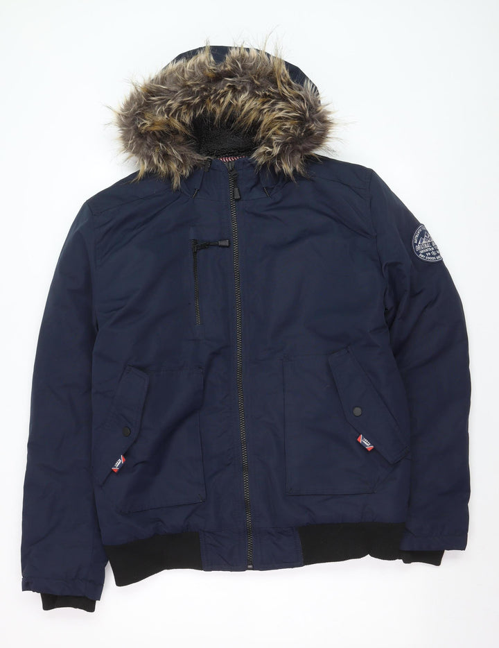 Tokyo Laundry Men's Blue Hooded Bomber Jacket L Fur Trim Winter Coat