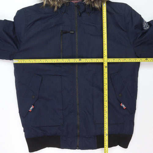 Tokyo Laundry Men's Blue Hooded Bomber Jacket L Fur Trim Winter Coat