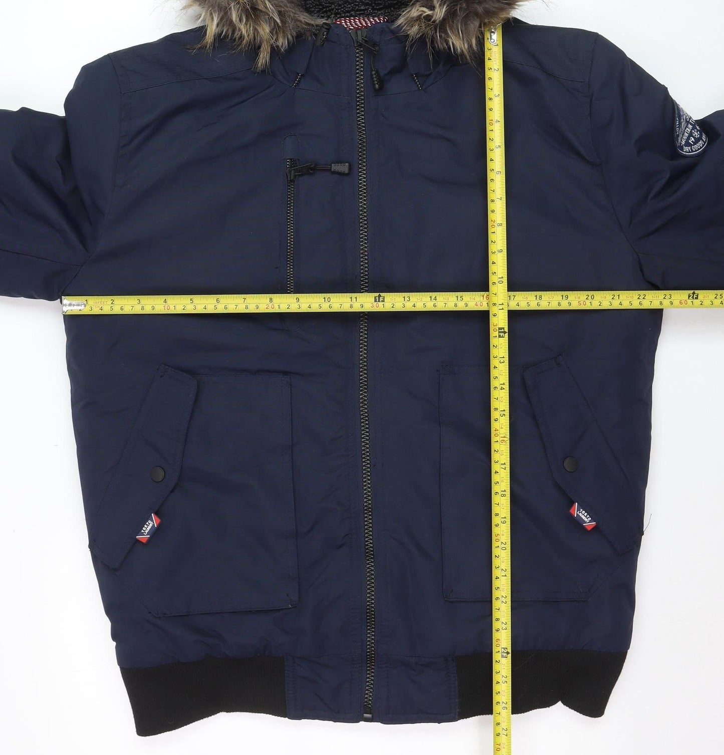Tokyo Laundry Men's Blue Hooded Bomber Jacket L Fur Trim Winter Coat