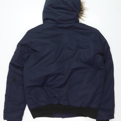 Tokyo Laundry Men's Blue Hooded Bomber Jacket L Fur Trim Winter Coat