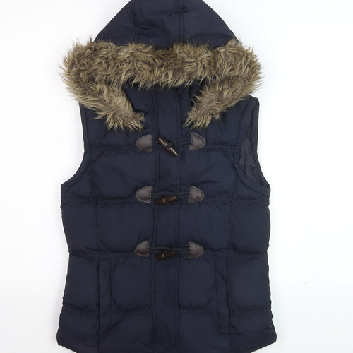 Denim Co. Women’s Blue Hooded Faux Fur Trim Padded Waistcoat Size 8