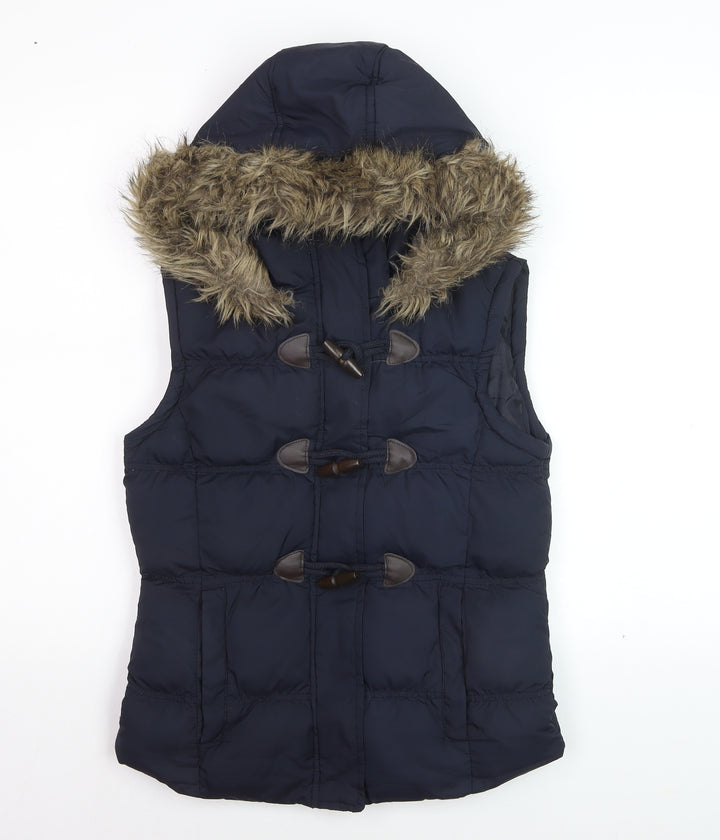 Denim Co. Women’s Blue Hooded Faux Fur Trim Padded Waistcoat Size 8