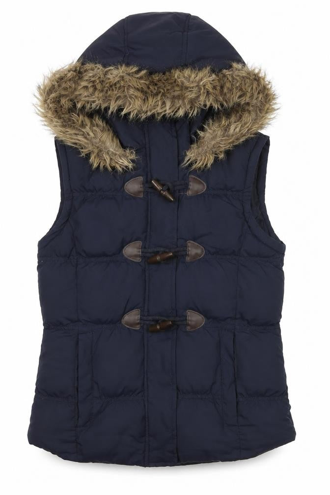 Denim Co. Women’s Blue Hooded Faux Fur Trim Padded Waistcoat Size 8