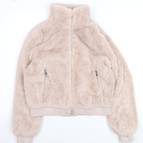 Pull & Bear Women Beige Faux Fur Zip Short Jacket Size 12