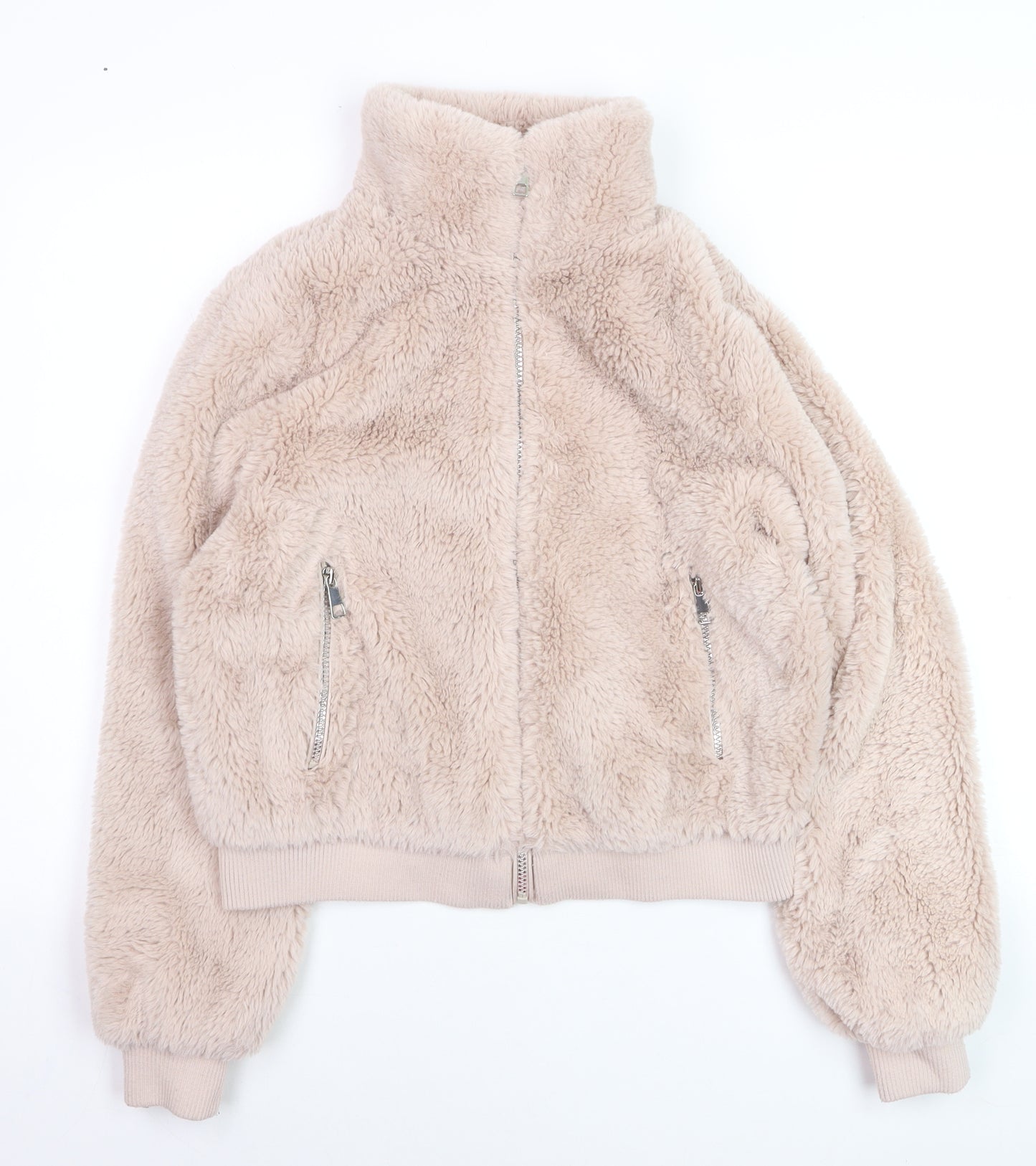Pull & Bear Women Beige Faux Fur Zip Short Jacket Size 12