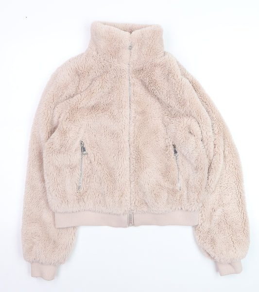 Pull & Bear Women Beige Faux Fur Zip Short Jacket Size 12