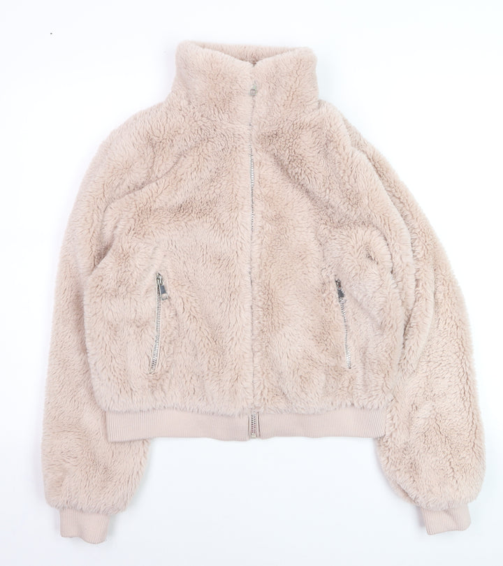 Pull & Bear Women Beige Faux Fur Zip Short Jacket Size 12