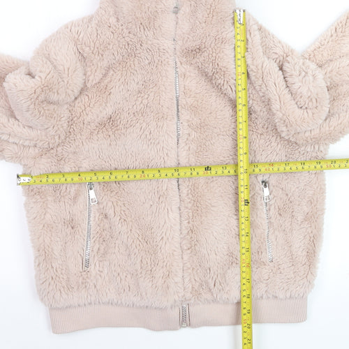 Pull & Bear Women Beige Faux Fur Zip Short Jacket Size 12