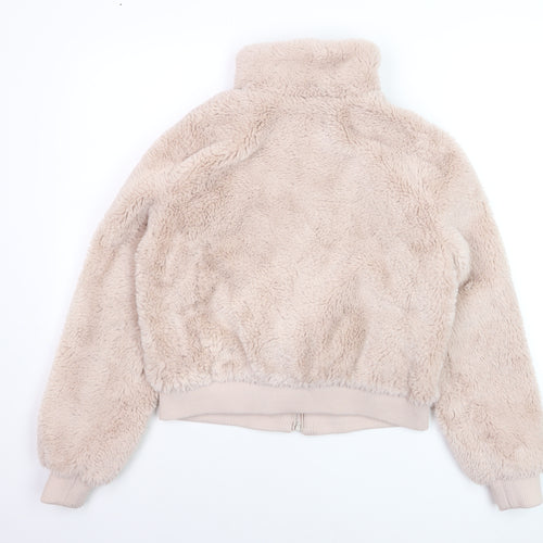Pull & Bear Women Beige Faux Fur Zip Short Jacket Size 12