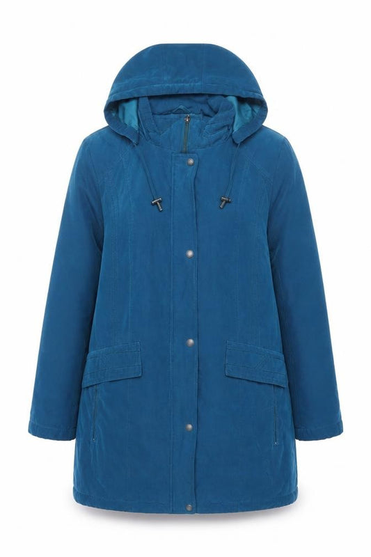Front view of Bonmarché Women’s Blue Hooded Parka Coat, size M, Long Lined