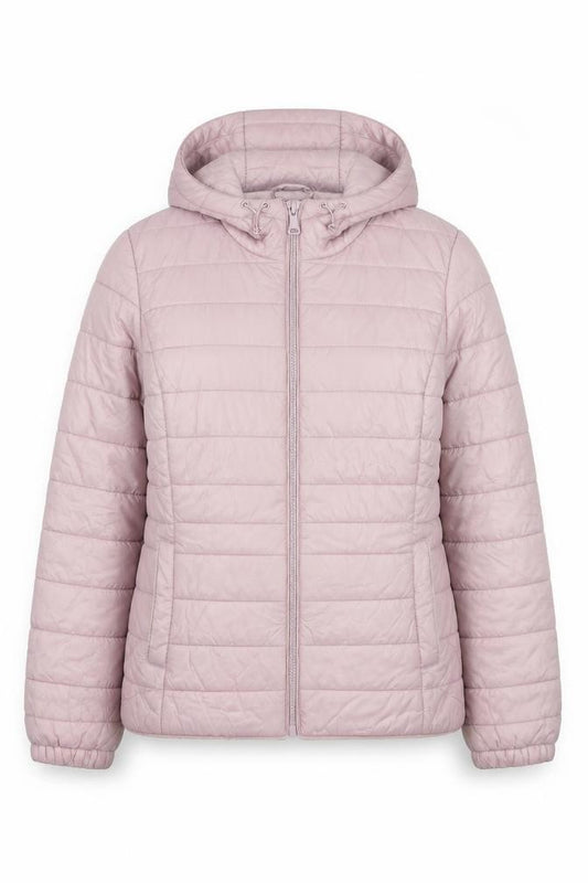 Front view of New Look Women's Pink Hooded Puffer Jacket, size 16