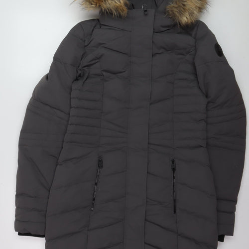 Point Zero Women's Grey XS Long Puffer Coat with Faux Fur Hood