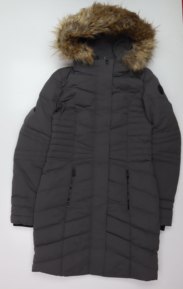 Point Zero Women's Grey XS Long Puffer Coat with Faux Fur Hood