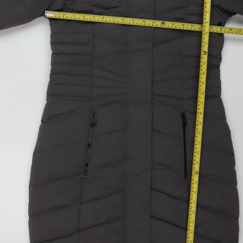 Point Zero Women's Grey XS Long Puffer Coat with Faux Fur Hood