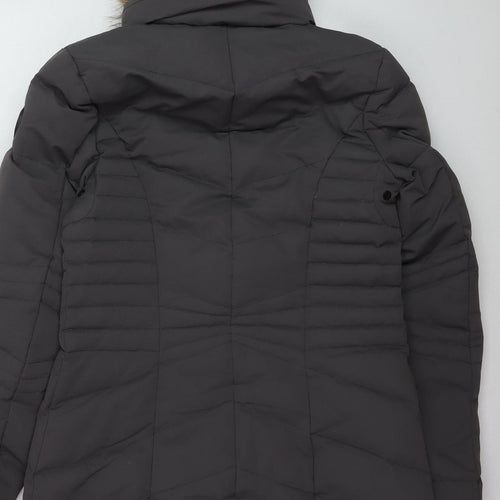 Point Zero Women's Grey XS Long Puffer Coat with Faux Fur Hood