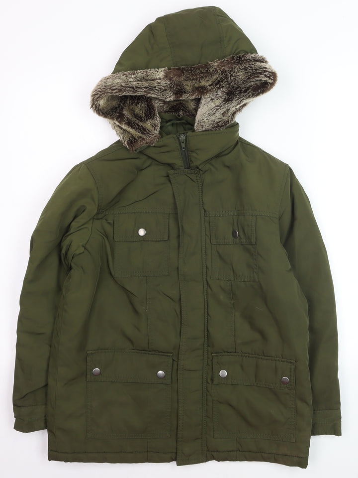 Gap Kids Boys Green Faux Fur Hooded Parka Coat L Winter Warm